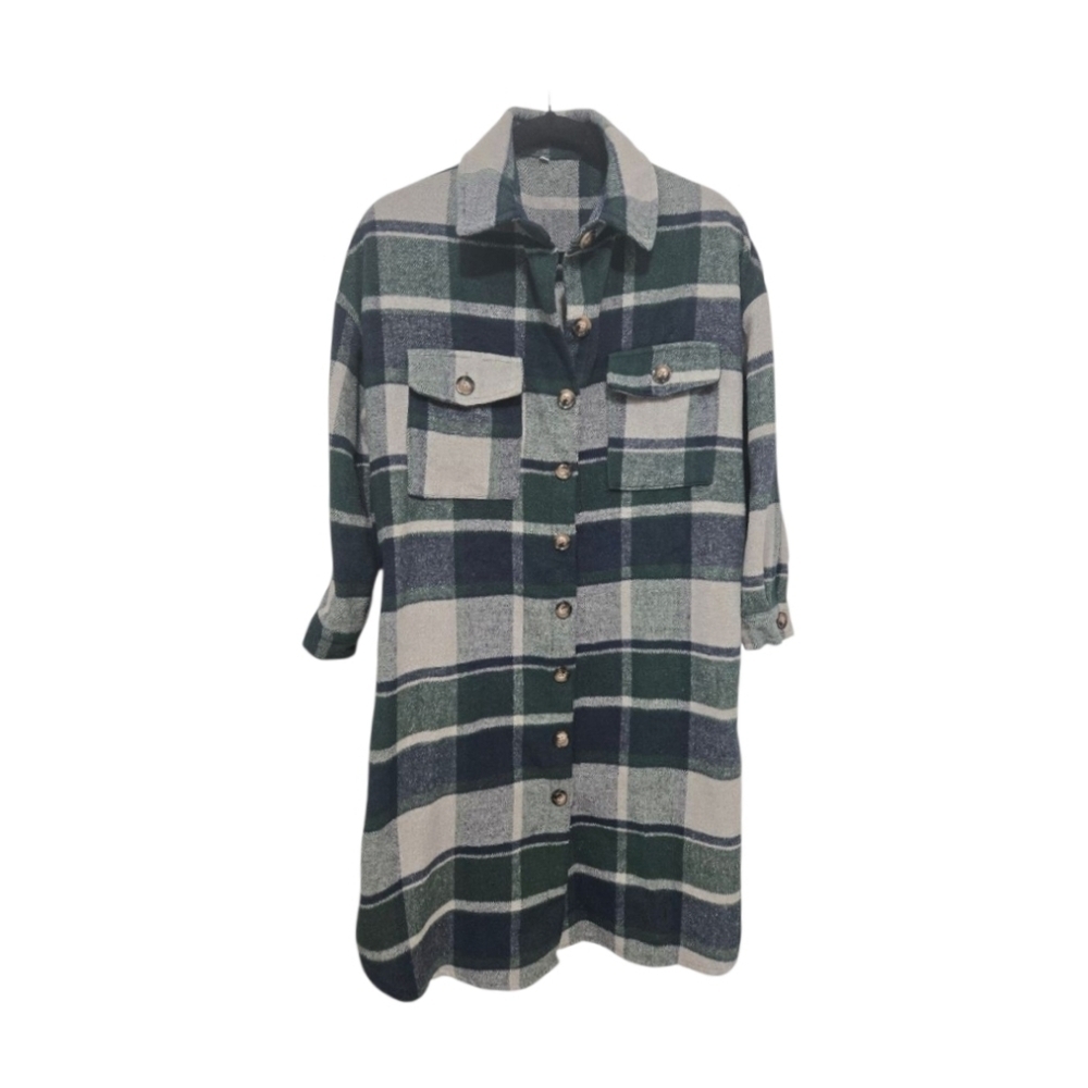 Plaid Flannel Shacket Jacket Oversized Button Up Blue Green XS Women's Grunge
